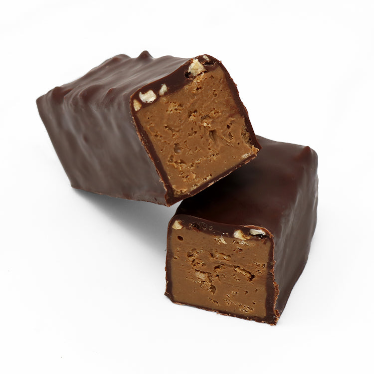 Chocolate-covered praline bar on a white background