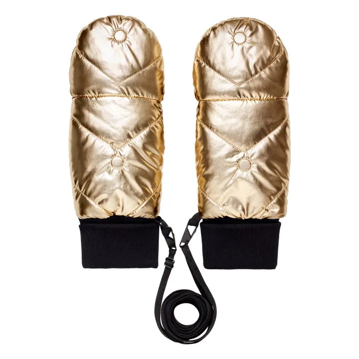 One side of gold gloves lying side by side with a white background