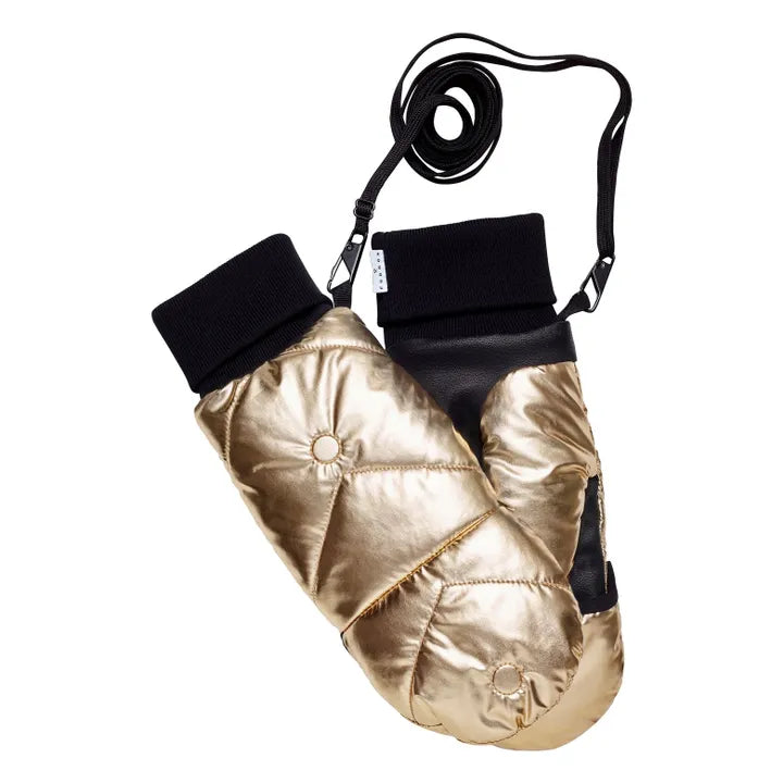 A pair of insulated gold mittens with a black cord connecting them