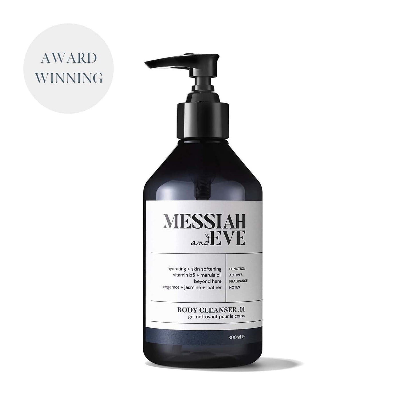 Bottle of shower gel with pump action dispenser and a white label saying 'Messiah and Eve Body Cleanser .01'