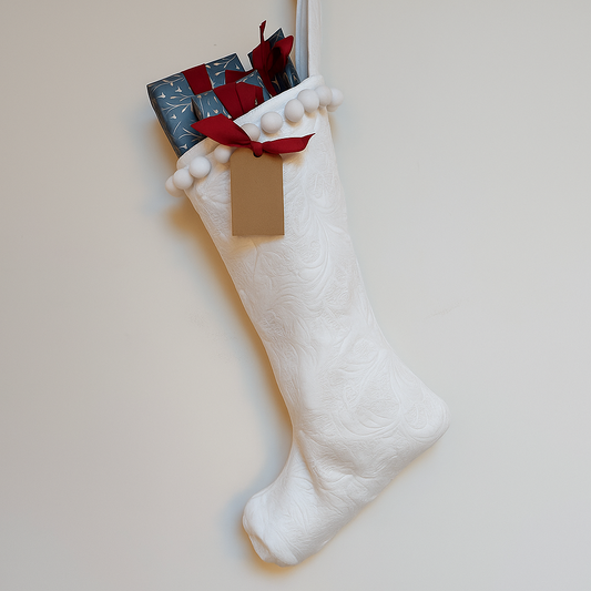White textured stocking with red and blue presents on a light gray background