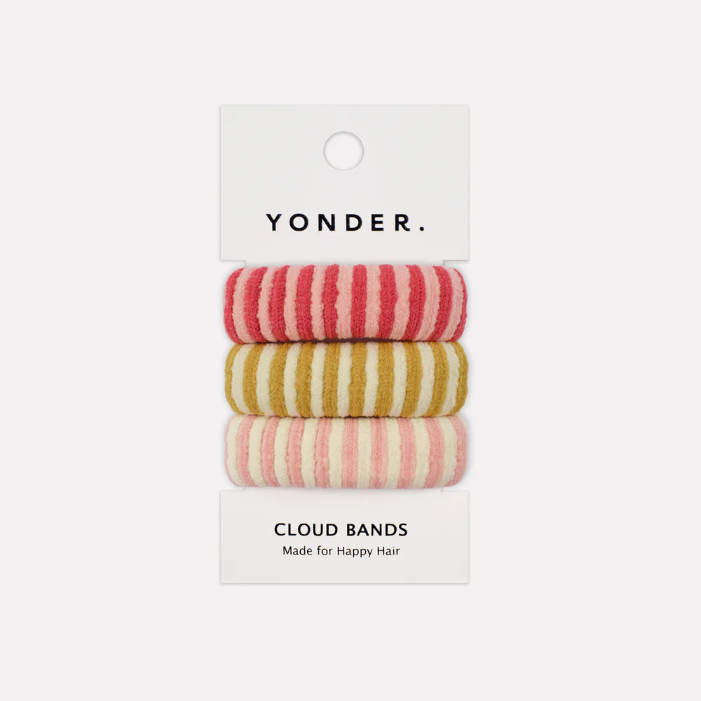 Set of 3 stripey, soft and thick hair bands on a Yonder branded card with a white background