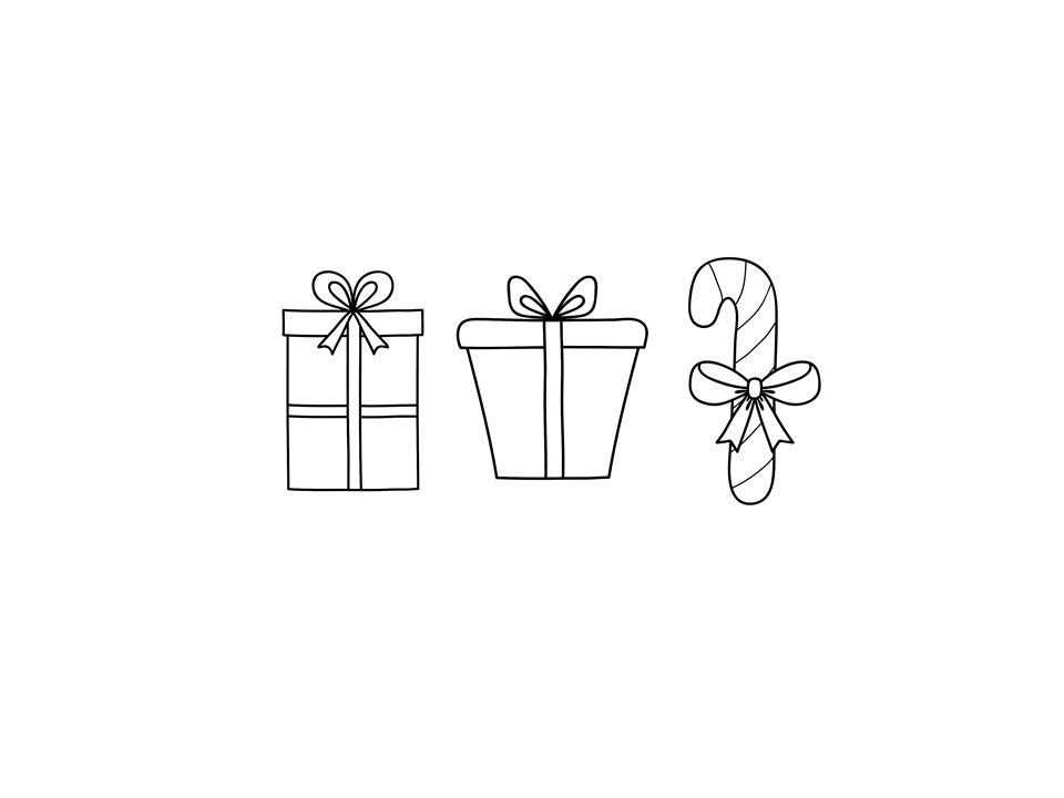 A line drawing of three wrapped presents