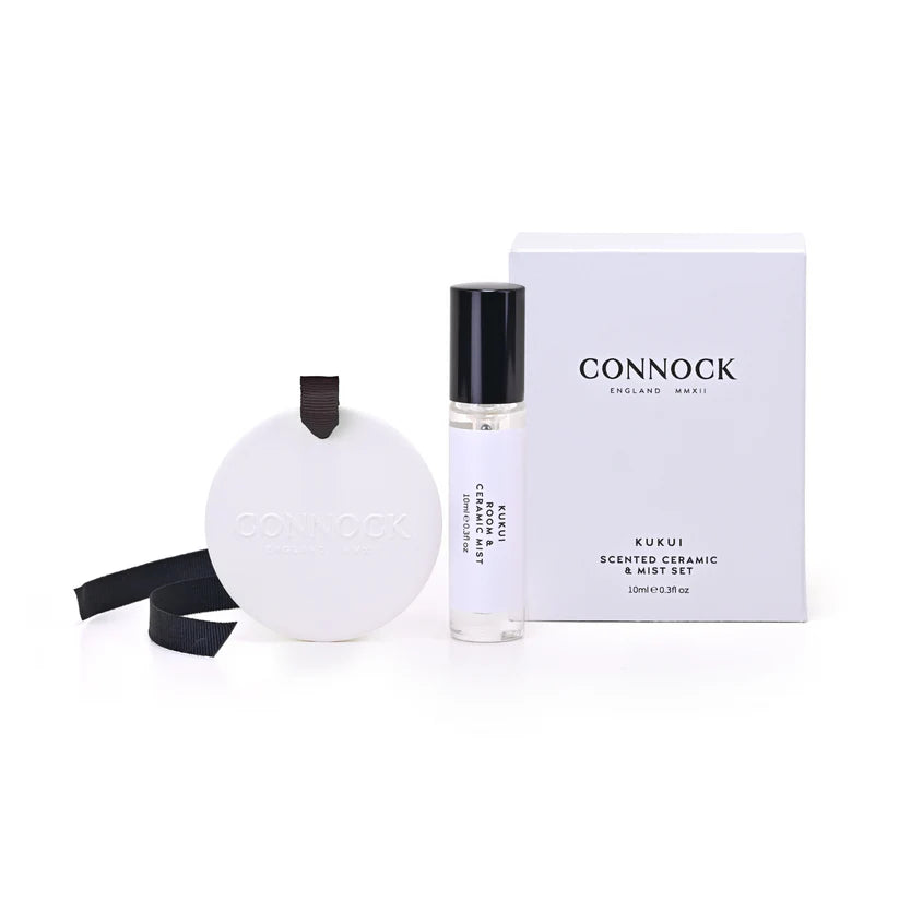 Connock Kukui scented ceramic diffuser and bottle on a white background