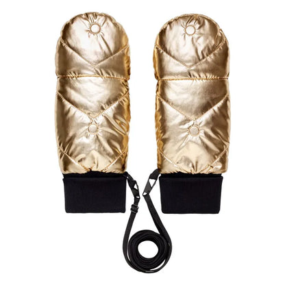 One side of gold gloves lying side by side with a white background