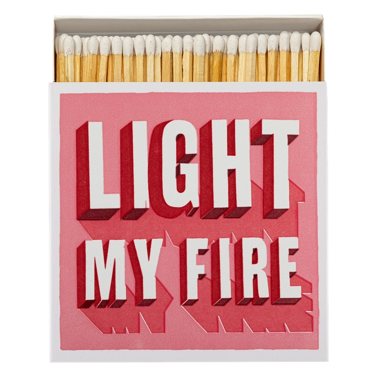 Archivist signature square matchbox featuring the words 'Light My Fire' in bold white and dark pink font on a light pink background.