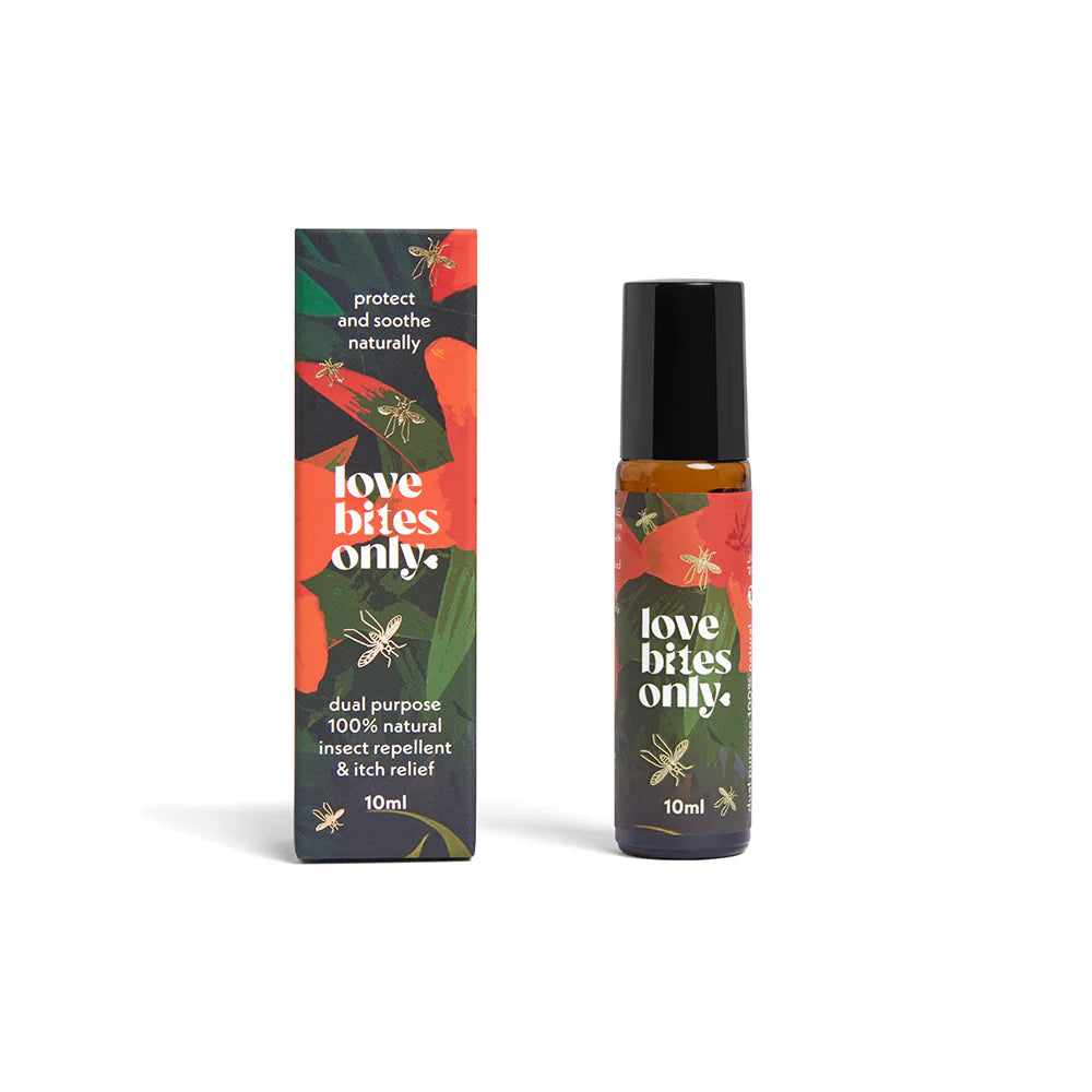 Insect repellent bottle and packaging with 'love bites only' branding on a white background