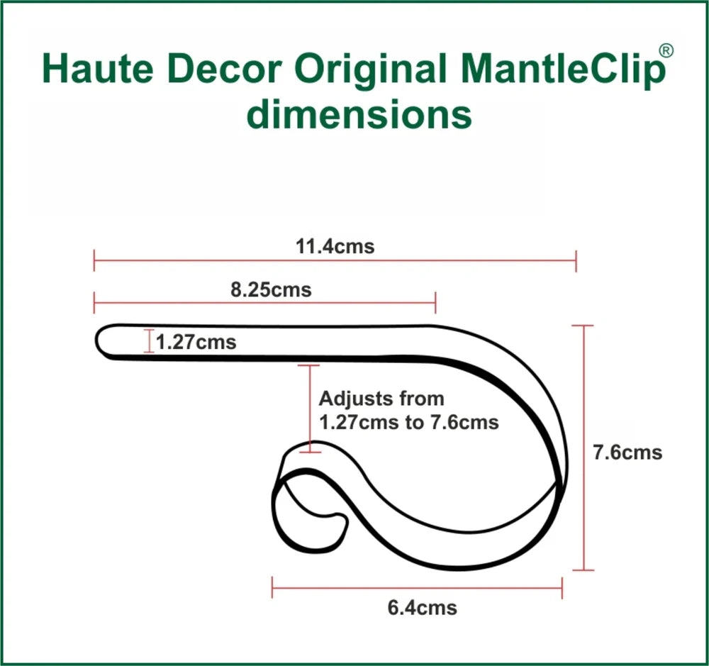 Diagram of Haute Decor Original MantleClip dimensions on a white background