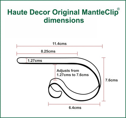 Diagram of Haute Decor Original MantleClip dimensions on a white background