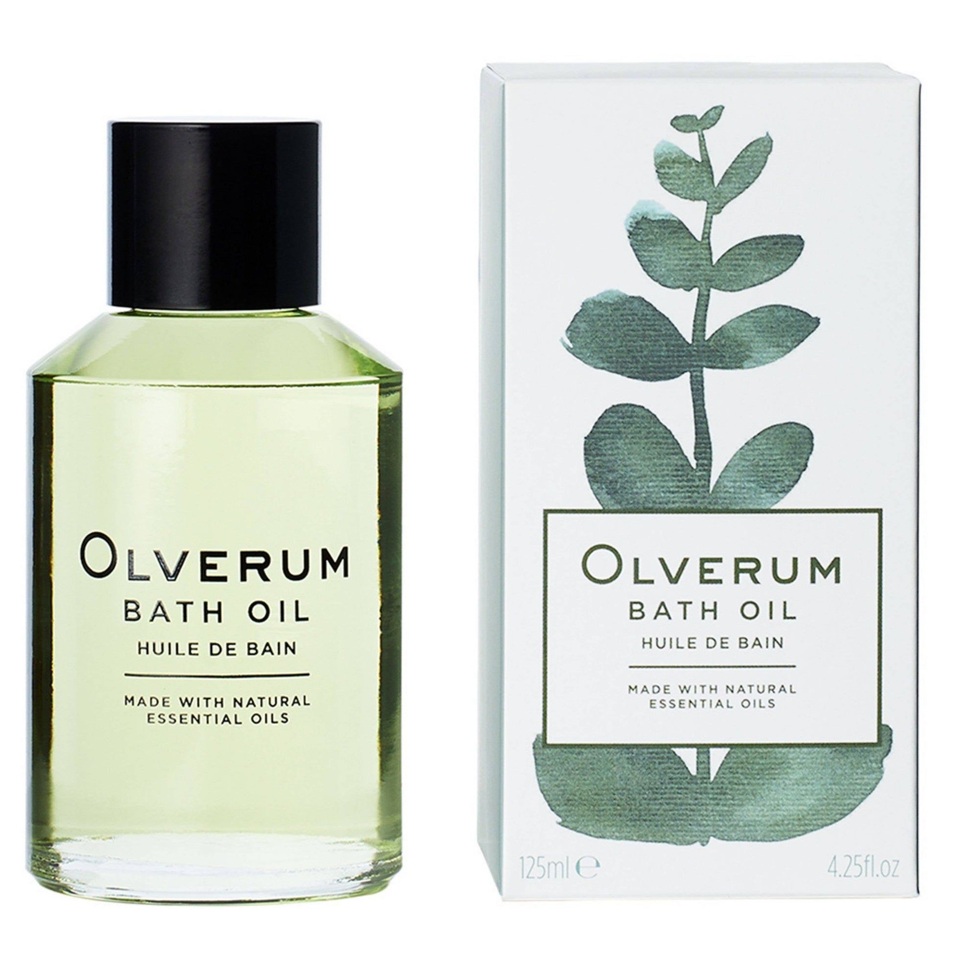 Olverum bath oil bottle and packaging on a white background