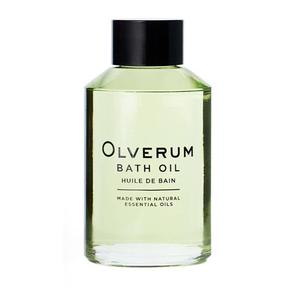 Olverum bath oil bottle on a white background