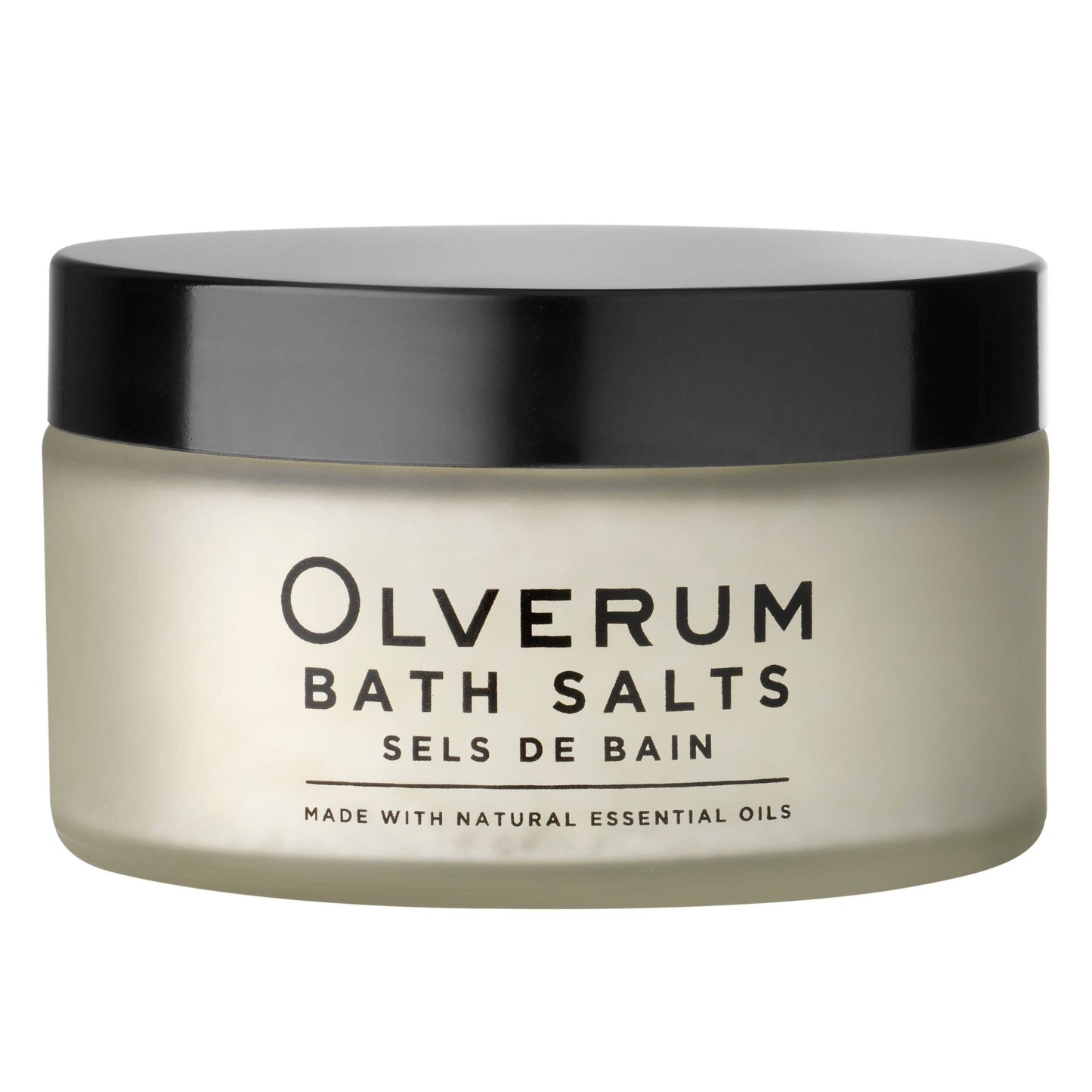 Jar of Olverum bath salts with a black lid on a white background