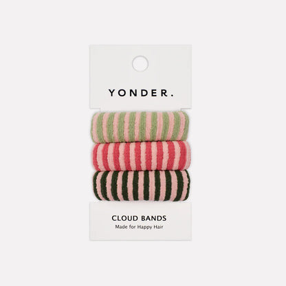 Three pink and green striped hair bands on a Yonder branded card with a white background