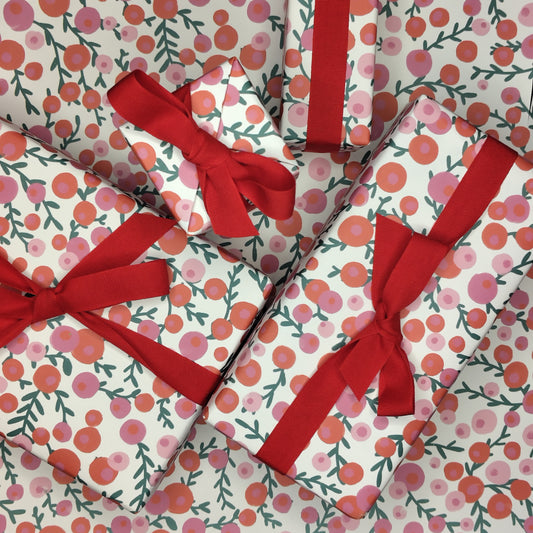 Floral-patterned paper with red ribbons on a matching floral background