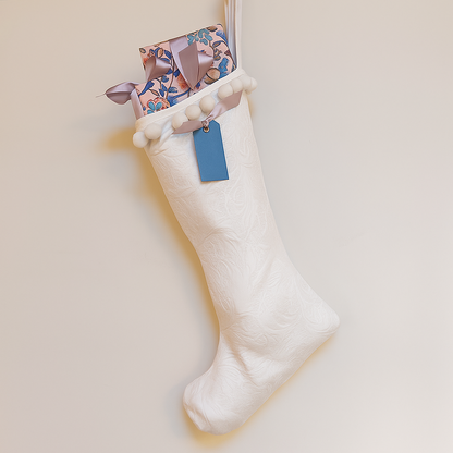 White Christmas Stocking with a blue tag and wrapped presents sticking out of the top