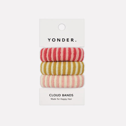 Set of 3 stripey, soft and thick hair bands on a Yonder branded card with a white background